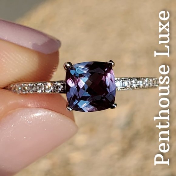 REAL 1.5ct Alexandrite Cushion Cut 925 Sterling Silver Ring - Picture 2 of 6